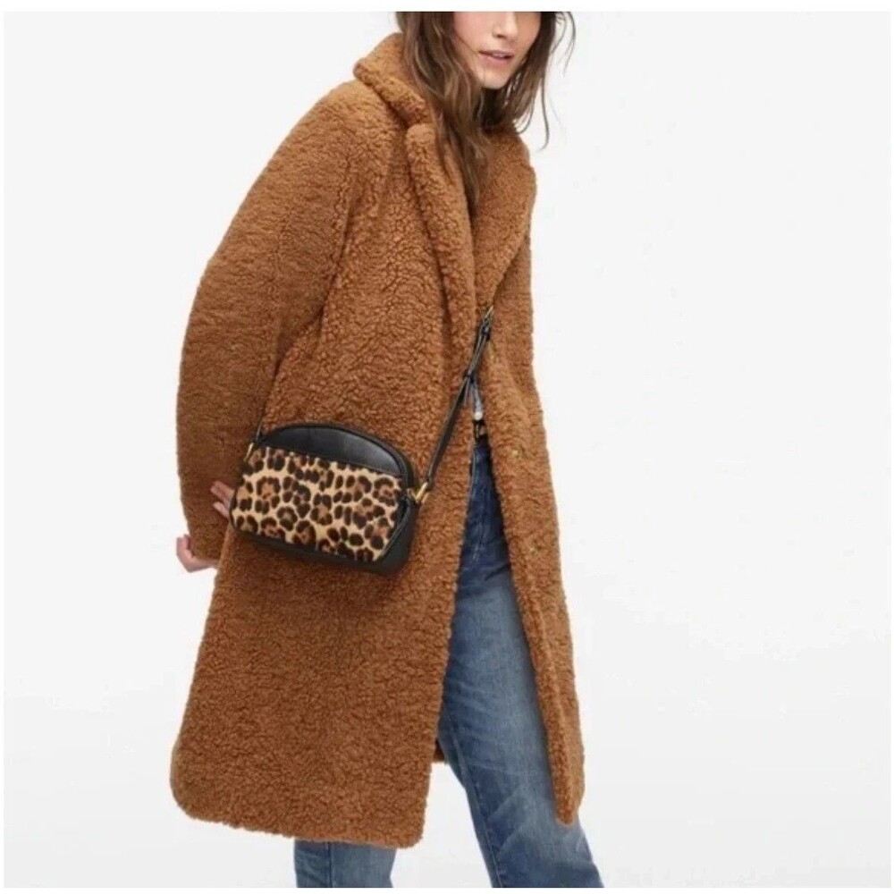 J.Crew Teddy Bear Sherpa Top Coat Warm Brandy Caramel Brown Sz Large #AB913 EUC